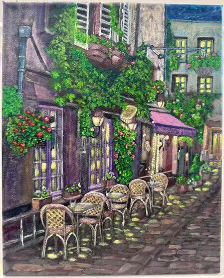 Acrylic on canvas, 30 x 24cm, 2026 A small Parisian café,bathed in soft evening light. Chairs rest along the narrow street,holding the hush between passing moments. Where the day fades quietly,and light lingers a little longer — soft, golden, and unhurried