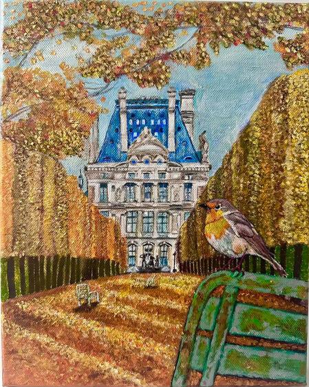 Robin at Jardin des Tuileries Acrylic on canvas, 30 × 24 cm, 2026 A robin pauses quietly in the autumn light of the Jardin des Tuileries.Beyond the falling leaves and silent path, the city rests in a moment of stillness.