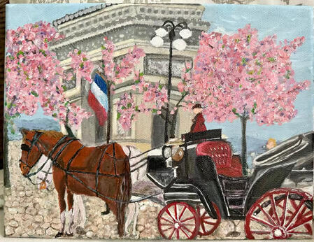 Acrylic on canvas, 22.5 × 30 cm, 2024 In this imagined Paris, cherry blossoms bloom beside the Arc de Triomphe,as if Paris were dreaming in pink.Though they do not grow there in reality,their petals soften the monument’s solemn stone.