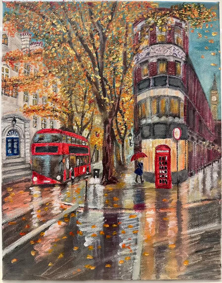 Acrylic on canvas, 30 × 24 cm, 2026 A quiet London street,where rain softens the world into reflections.Crimson lights drift across the wet pavement,and golden leaves fall through the rain.