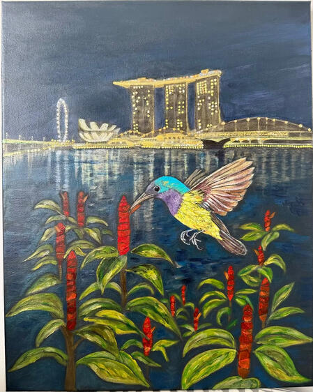 Moonlit Nectar Acrylic on canvas, 30 × 30 cm, 2025 A vibrant sunbird hovers gently among red tropical flowers, drawn to their hidden nectar.In the distance, the skyline of Marina Bay glows softly against the night sky, its reflections shimmering across the quiet water.