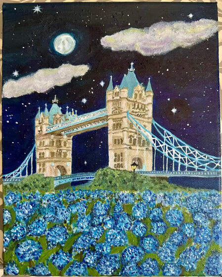 Tower Bridge in Bloom Acrylic on canvas, 22.5 × 30 cm, 2025 Beneath a moonlit sky scattered with quiet stars, Tower Bridge rises in luminous calm.Its pale blue towers glow softly against the deep night,a landmark suspended between history and dream.